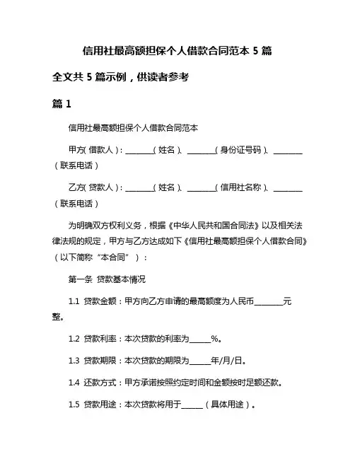 信用社最高额担保个人借款合同范本5篇