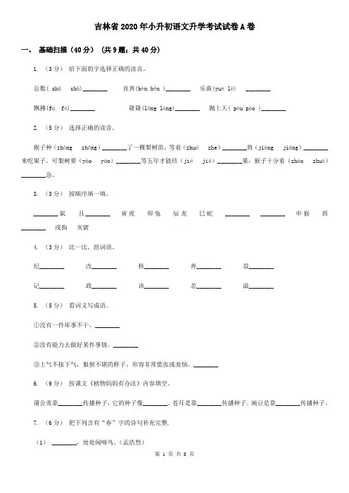 吉林省2020年小升初语文升学考试试卷A卷(新版)