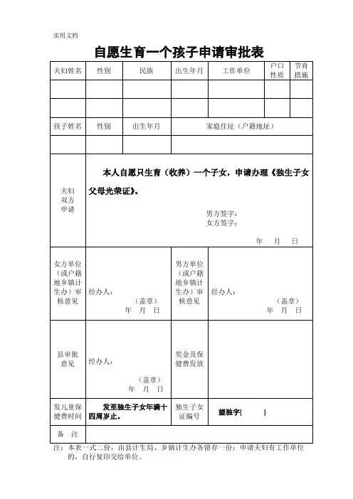 办理独生子女证审批表