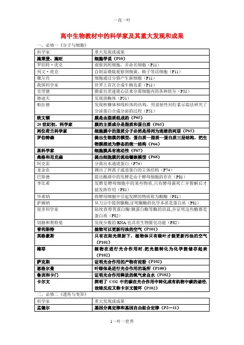 高中生物教材中的科学家及其重大发现和成果