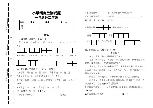 小学一年级升二年级插班生测试题