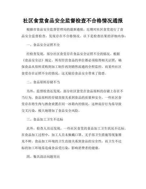 社区食堂食品安全监督检查不合格情况通报