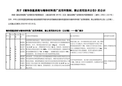 关于《墙体保温系统与墙体材料推广应用和限制、禁止使用技术公告》的公示