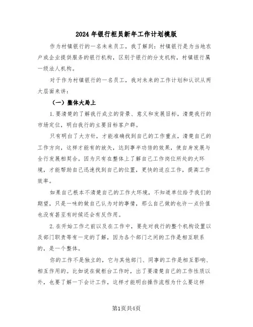 2024年银行柜员新年工作计划模版（2篇）
