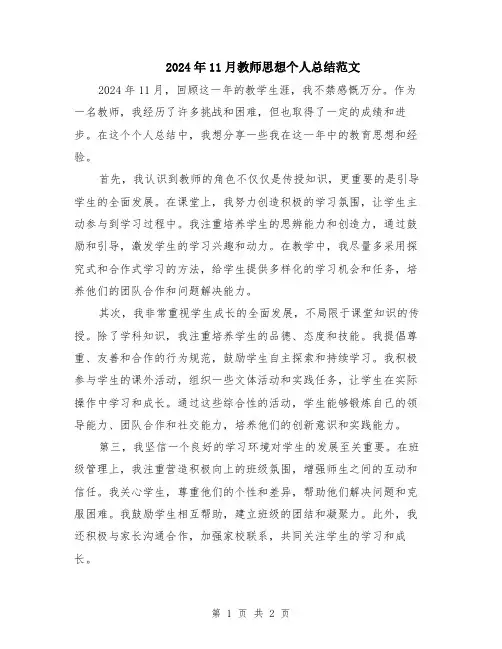 2024年11月教师思想个人总结范文