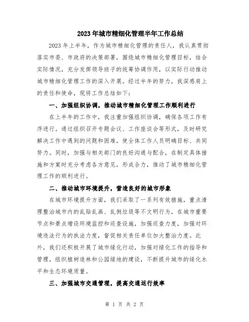 2023年城市精细化管理半年工作总结