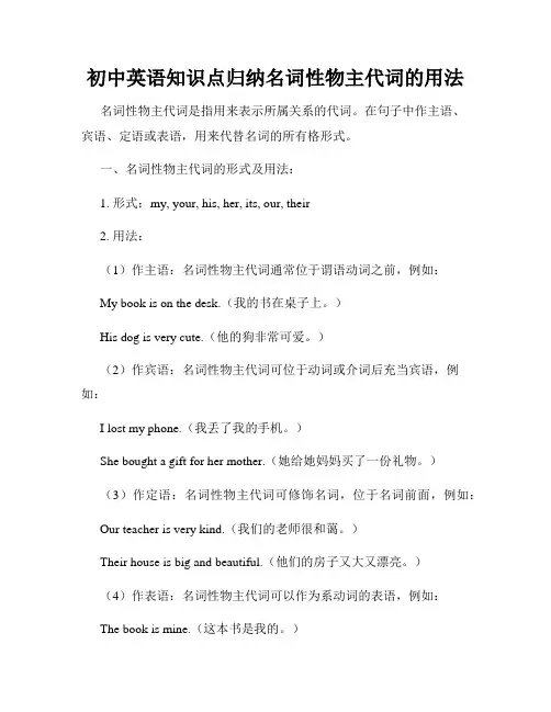 初中英语知识点归纳名词性物主代词的用法