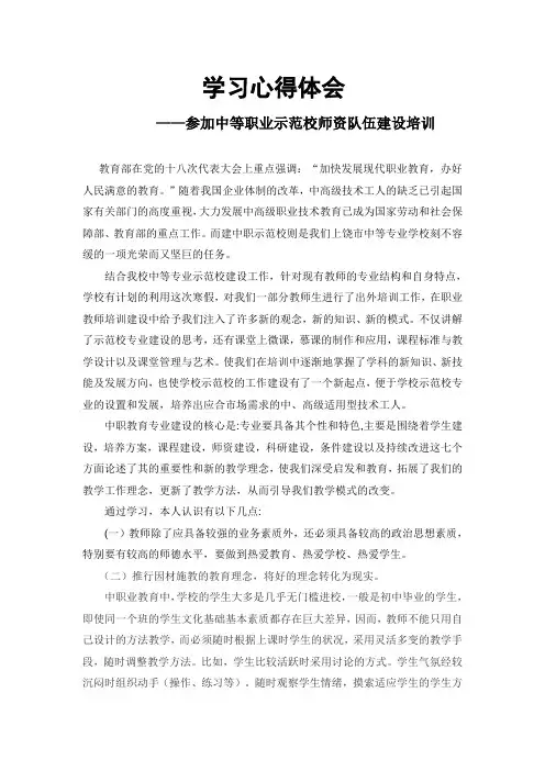 参加中职学校示范校师资队伍建设培训心得体会