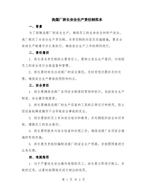 洗煤厂班长安全生产责任制范本