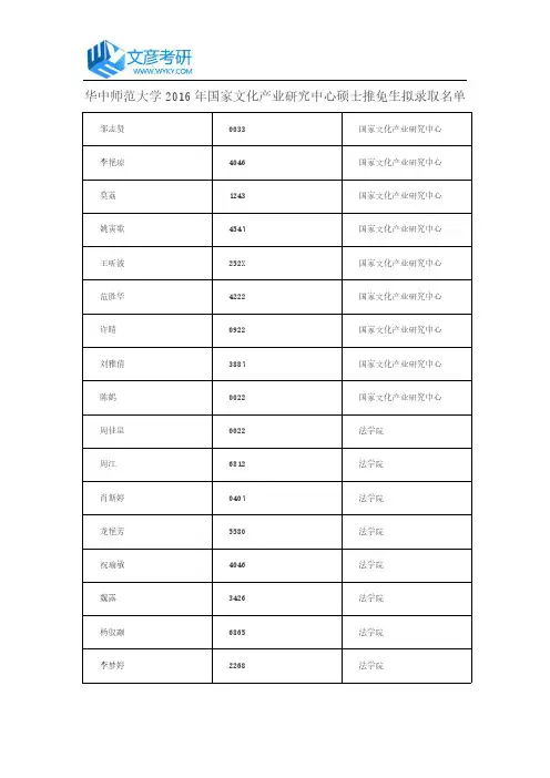 华中师范大学2016年国家文化产业研究中心硕士推免生拟录取名单