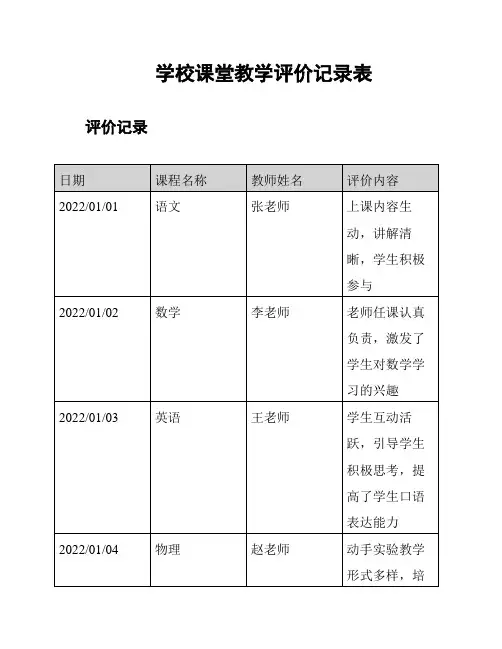 学校课堂教学评价记录表