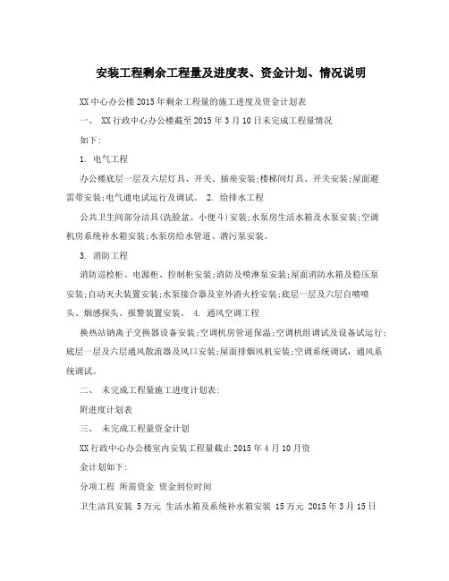 安装工程剩余工程量及进度表、资金计划、情况说明