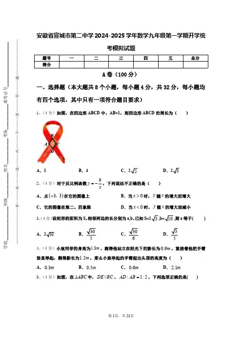 安徽省宣城市第二中学2024-2025学年数学九年级第一学期开学统考模拟试题【含答案】