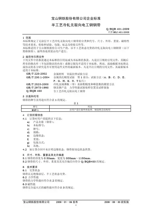 Q-BQB 481-2009 半工艺冷轧无取向电工钢钢带