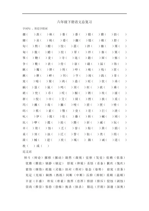 最新六年级下册语文字词句总复习教程文件