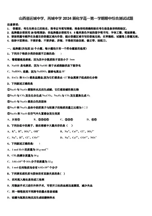 山西省运城中学、芮城中学2024届化学高一第一学期期中综合测试试题含解析