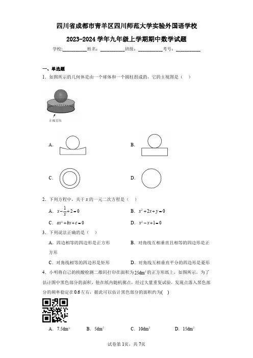 四川省成都市青羊区四川师范大学实验外国语学校2023-2024学年九年级上学期期中数学试题