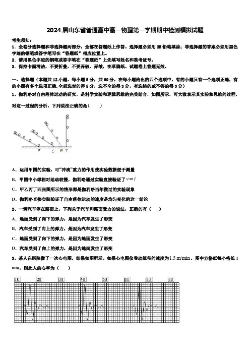 2024届山东省普通高中高一物理第一学期期中检测模拟试题含解析