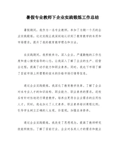 暑假专业教师下企业实践锻炼工作总结
