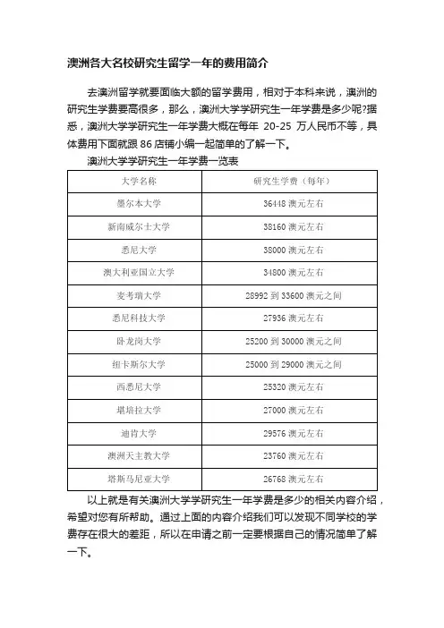 澳洲各大名校研究生留学一年的费用简介