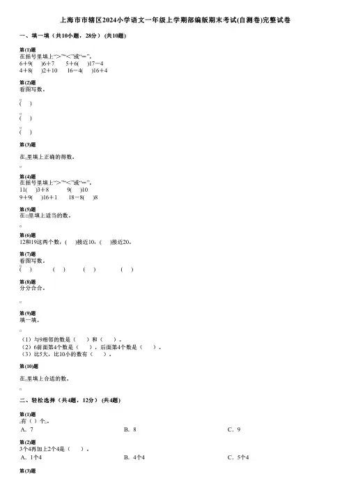 上海市市辖区2024小学数学一年级上学期部编版期末考试(自测卷)完整试卷