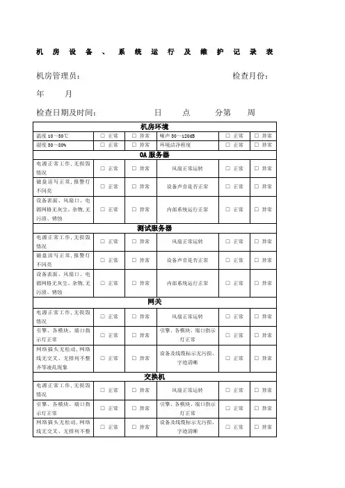 机房设备系统运行及维护记录表