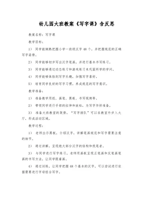 幼儿园大班教案《写字课》含反思