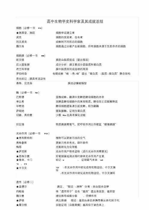 高中生物学史科学家与其成就总结