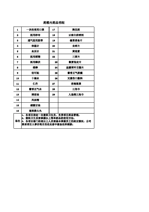 企业药箱明细表