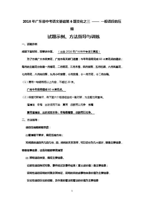 广东省中考语文新增考点复习 一般语段的压缩试题示例与训练