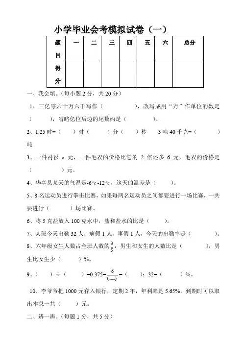 人教版小学数学六年级下册毕业会考模拟试卷共10套