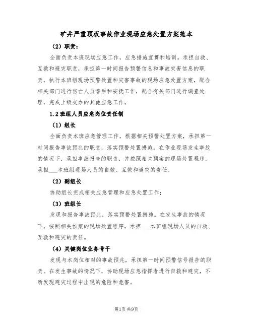矿井严重顶板事故作业现场应急处置方案范本（二篇）