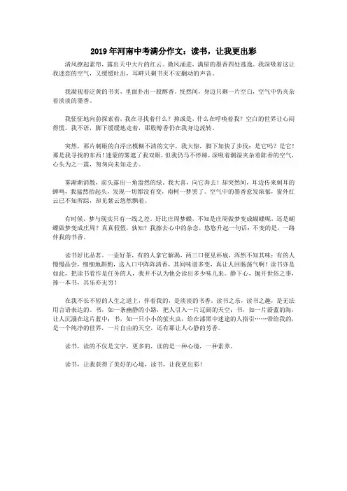 河南省2019年中考语文满分作文读书,让我更出彩