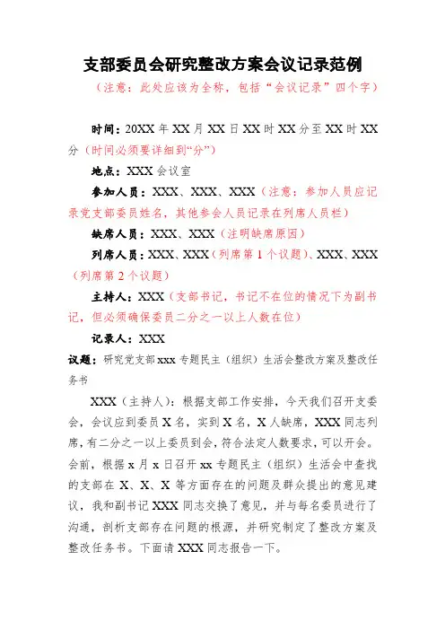 支部委员会研究整改方案会议记录范例