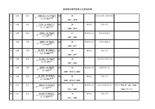 我国城市暴雨强度公式查询表