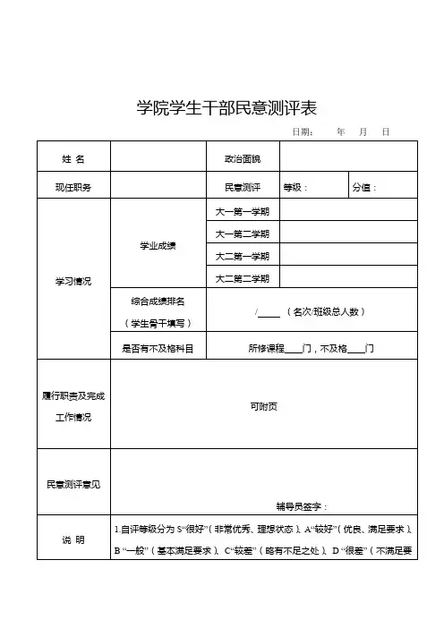 学院学生干部民意测评表