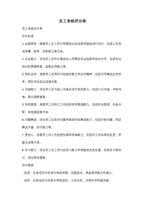 员工考核评分表