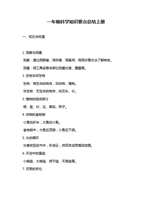 一年级科学知识要点总结上册