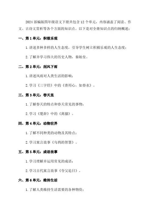 2023部编版四年级语文下册全册知识点归纳
