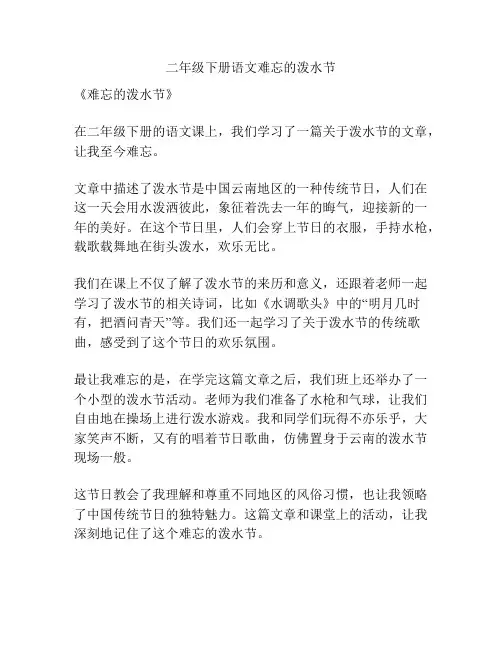 二年级下册语文难忘的泼水节