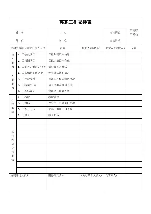 员工离职工作交接表