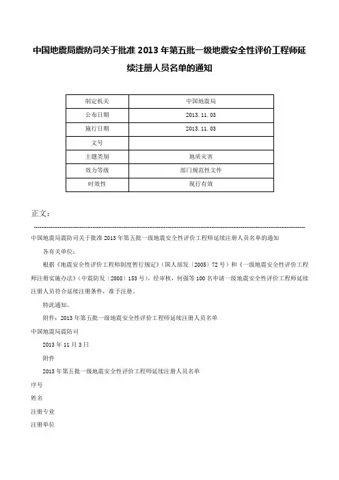 中国地震局震防司关于批准2013年第五批一级地震安全性评价工程师延续注册人员名单的通知-