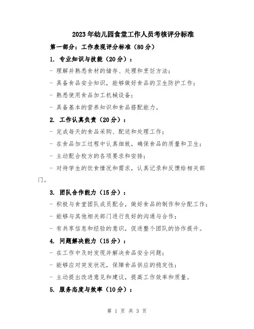 2023年幼儿园食堂工作人员考核评分标准
