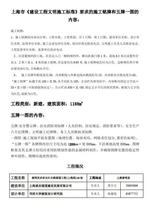上海市上海市《建设工程文明施工标准》要求的施工铭牌和五牌一图的内容：