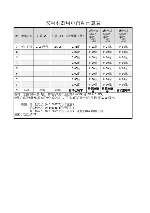 家用电器用电自动计算表