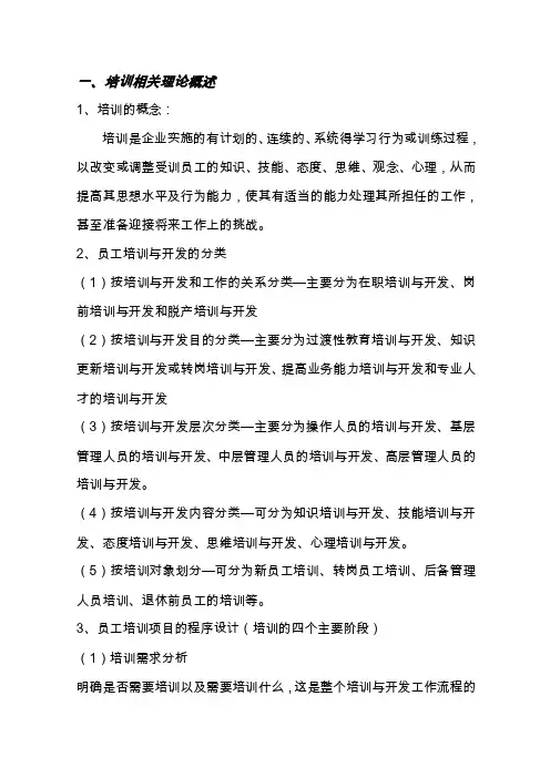 一、培训相关理论概述1、培训的概...