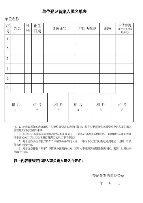 单位登记备案人员登记表