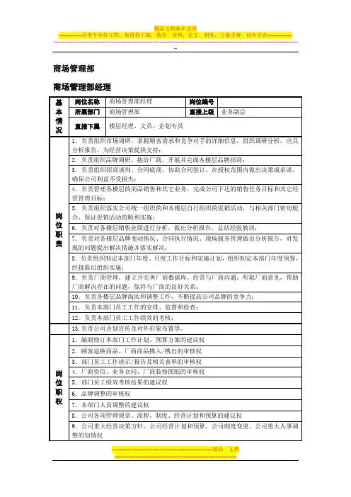 商场管理部岗位职责说明书