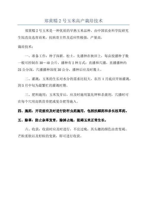 郑黄糯2号玉米高产栽培技术