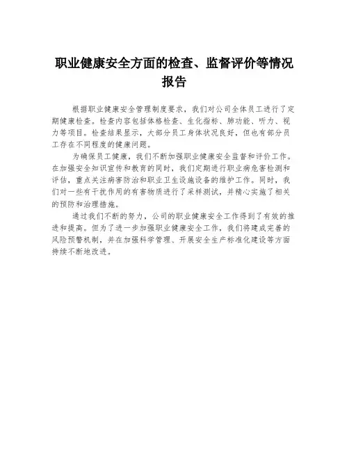 职业健康安全方面的检查、监督评价等情况报告
